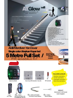 AT-GLOW PIR Sensörlü Merdiven Duvar Akışkan Şerit Led Seti / Akıllı Kayar Led Sistemi/ 2000K/ 5 Mt.
