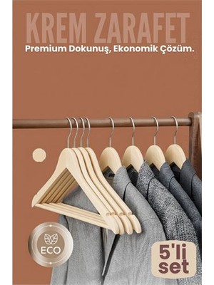 FRY 5'li Lüks Krem Elbise Ceket Askısı - Ergonomik & Kaymaz Plastik Askı Seti - Ahşap Görünümlü