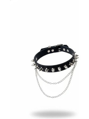 MOTTO10 Butik Siyah Choker Zımbalı Zincirli Deri Gerdanlık - APFT975