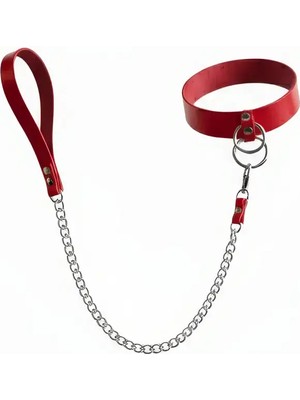 MOTTO10 Butik Kırmızı Choker Suni Deri Kalın Zincir Detaylı Kolye - APFT246