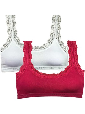 FRY 2 Adet Dantel Nakış Işlemeli Pedli Bambu Kadın Büstiyer Beyaz Bordo