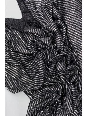 FRY Sakallı Çizgili Pullu Kumaş Pullu Payet Kumaş Abiye Nişan Düğün Siyah