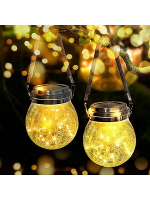 Dream Plus 2 Adet Solar Güneş Enerjili Çatlak Cam Kavanoz Bahçe Feneri  Halat Askılı Dekoratif Dış Mekan Aydınlatma Sarı Işık