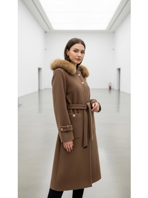 Esin Giyim Pötikare Dokulu Çıkarılabilir Kapüşonlu Kaşe Kaban