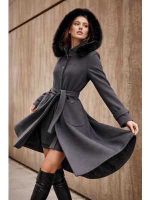 Esin Giyim Pötikare Dokulu Çıkarılabilir Kapüşonlu Kaşe Kaban