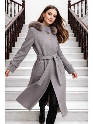 Esin Giyim Pötikare Dokulu Çıkarılabilir Kapüşonlu Kaşe Kaban