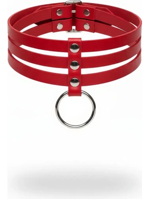 MOTTO10 Butik Kırmızı Choker Üç Sıralı Metal Halka Detaylı - APFT777