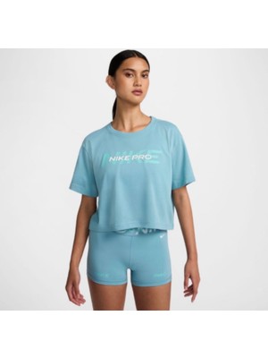 Nike Pro Graphic Cropped Training Short-Sleeve Bol Kalıp Mavi Kadın T-Shirt HF0762-464
