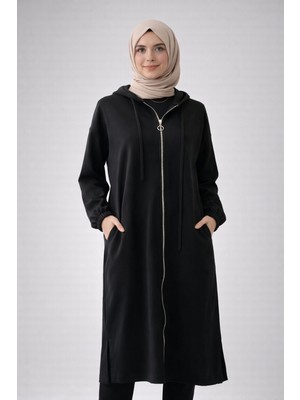 Nirva Butik Modal Kumaş Kapşonlu Siyah Kap Hırka