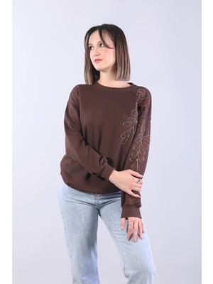 Mckanzie 1562 Sol Kol Ve Sol Göğsü Yaprak Boncuk İşleme O Yaka Sweat