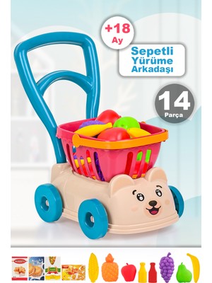 Oyuncakzade 14 Parça Market Sepetli Yürüme Arkadaşı - Ilk Adım Arabası Meyve Sebze Atıştırmalık Alışveriş Sepeti