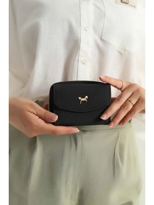 Clodi Siyah Dokulu Mıknatıs Kapaklı Bol Gözlü Kadın Cüzdan