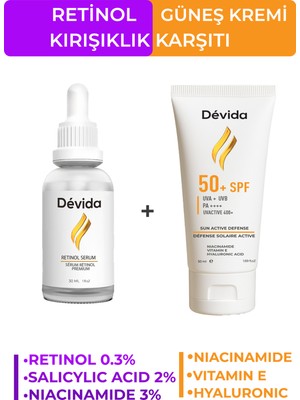 Devida Retinol Serum+Güneş Kremi 2 li Set Kırışıklık Alın Çizgisi Göz Çevresi