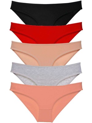 FRY 5 Adet Süper Eko Set Likralı Kadın Slip Külot Siyah Kırmızı Ten Gri Pudra