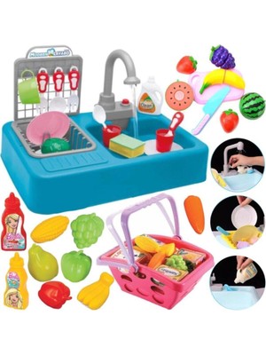 Oyuncakzade Mutfak Çeşmeli Lavabo Set + Aksesuarlı Market Sepeti + Tabaklar + Kesilebilen Meyve Set