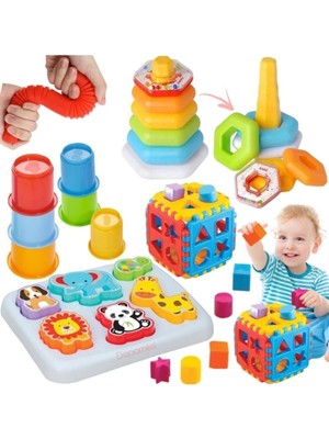 Oyuncakzade Sevimli Hayvanlar Bultak + Çıngıraklı Halka Bulmaca + Bul Tak Puzzle + Bardak Kule + Pop Tube Hediye