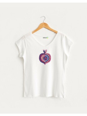 Kidilia Renkli Grafik Nar Tasarımlı Kadın V Yaka %100 Pamuklu T-Shirt