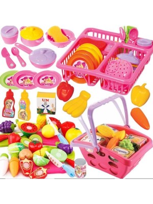 Oyuncakzade Oyuncak Bulaşıklık Tabak Tencere + 14 Parça Kesilebilen Meyve Sebze + Meyveli Market Sepeti