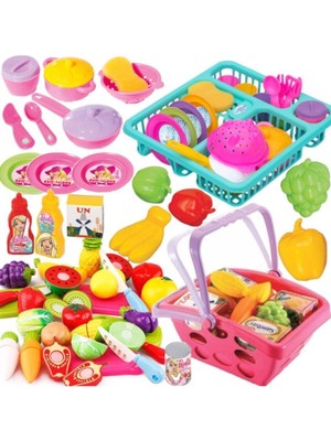 Oyuncakzade Oyuncak Bulaşıklık Tabak Tencere + 14 Parça Kesilebilen Meyve Sebze + Meyveli Market Sepeti