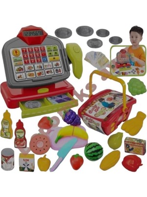 Oyuncakzade Oyuncak Pilli Sesli Barkod Okuyuculu + Market Sepeti + Kesilebilen 5 Adet Meyve/sebze Set Yazar Kasa