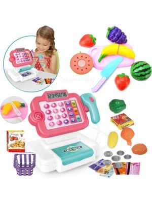 Oyuncakzade Oyuncak Yazar Kasa Pilli Sesli Barkod Okuyuculu + Market Sepeti + 14 Parça Kesilebilen Meyve Sebze