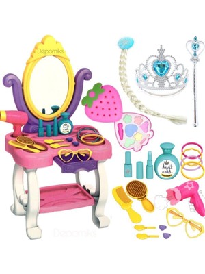 Oyuncakzade Aynalı Aksesuarlı Oyuncak Güzellik Masası + Sürülebilir Makyaj Seti + Kuaför Aksesuarları Oyun Seti