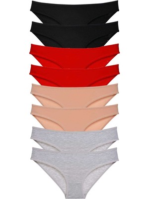 FRY 8 Adet Süper Eko Set Likralı Kadın Slip Külot Siyah Kırmızı Ten Gri