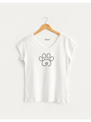 Kidilia Çizgisel Köpek Görselli Kadın V Yaka %100 Pamuklu Tasarım T-Shirt