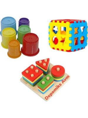 Oyuncakzade Sevimli Kule Ahşap Geometrik Şekiller Bulmaca Bul Tak Puzzle Eğitici Zeka Geliştirici Set