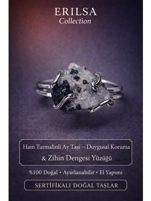 Erilsa Sertifikalı Duygusal Koruma Zihin Dengesi Enerji Yüzüğü – Ham Turmalinli Ay Taşı – Ayarlamalı