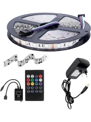 Powerr Led Aydınlatma 5 Metre 5V 60 Ledli Rgb Iç Mekan Şerit LED 2A Plastik Adaptör Sese ve Müziğe Duyarlı LED Kontrol Üniteli Set