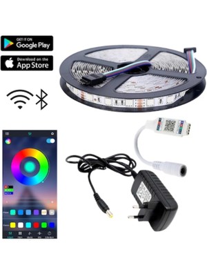 Powerr Led Aydınlatma 5 Metre 24V 60 Ledli Rgb Iç Mekan Şerit LED 2A Plastik Adaptör Bluetoothlu Telefondan LED Kontrol Üniteli Set