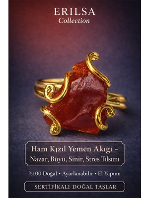 Erilsa Sertifikalı Nazar Büyü Sinir Stres Tılsımı Yüzüğü – Ham Kızıl Yemen Akik Taşı – Ayarlamalı Rokoko