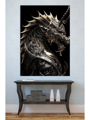 Mgi Design Mitolojik Ejderha Kanvas Tablo Duvar Dekoru Siyah Altın Lüks Fantastik Güç Figürü