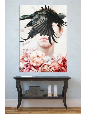 Mgi Design Sanatsal Kuş Güllü Kadın Portre Kanvas Tablo Estetik Duvar Dekoru Salon Ofis Dekorasyon