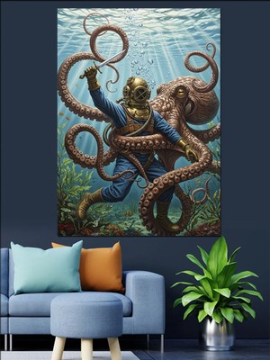 Mgi Design Dev Ahtapot Ile Savaşan Denizci Dalgıç Dekoratif Kanvas - Mdf Ahşap Tablo