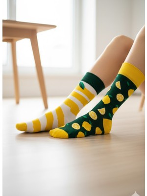 Carnaval Socks Sağ Sol Farklı Limon Desenli Soket Çorap – Eğlenceli Desen, 36-42 Numara