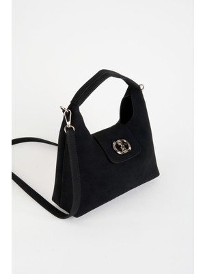 Vivaq Kadın Siyah Süet Çevirme Kilit Kapama El Kol ve Omuz Çantası