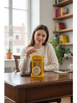 Dekoratif Metal Ahizeli Telefon Kumbara Sarı Nostaljik Tasarım