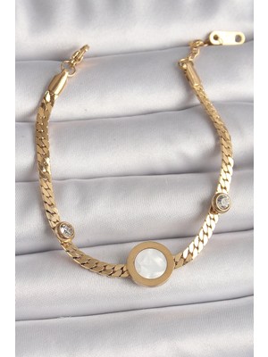 Clariss Üreticiniz 316L Çelik Gold Renk Yassı Zincir Model Zirkon Taş Detaylı Beyaz Mineli Madalyon Mod