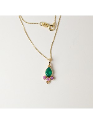 14 Ayar Altın Yeşil Damla Taşlı ve Pembe Taş Detaylı Kolye, Green Onyx ve Pembe Safir Taşs
