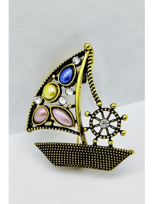 BB Bi Butik Shop Taşlı Yelkenli Tekne Figürlü Vintage Broş – Kristal Detaylı Deniz Temalı Aksesuar