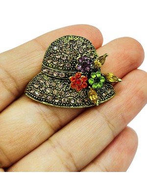 BB Bi Butik Shop Taşlı Şapka Figürlü Vintage Broş – Kristal Detaylı Şık Yaka ve Çanta Aksesuarı