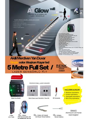 AT-GLOW Lazer Sensörlü Merdiven Duvar Akışkan Şerit Led Seti / Akıllı Kayar Led Sistemi/ 2000K/ 5 Mt.