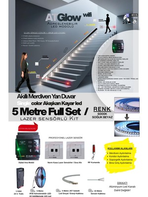 AT-GLOW Lazer Sensörlü Merdiven Duvar Akışkan Şerit Led Seti / Akıllı Kayar Led Sistemi/ 6000K/ 5 Mt.