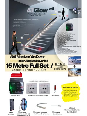 AT-GLOW Lazer Sensörlü Merdiven Duvar Akışkan Şerit Led Seti / Akıllı Kayar Led Sistemi/ 4000K/ 15 Mt.