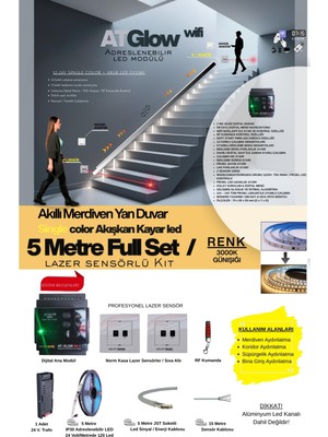 AT-GLOW Lazer Sensörlü Merdiven Duvar Akışkan Şerit Led Seti / Akıllı Kayar Led Sistemi/ 3000K/ 5 Mt.