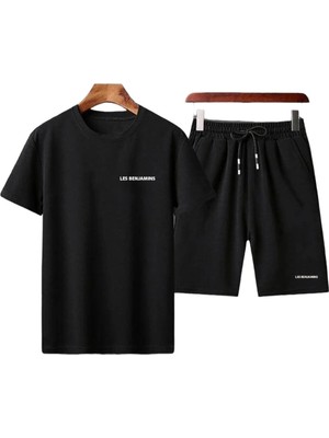 Adrift Unisex Baskılı Bisiklet Yaka Siyah Tişört ve Siyah Bermuda Şort 2'li Set Alt Üst