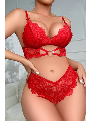 Intive Lingerie Kadın Kırmızı Kalp Tokalı Çapraz Lastik Detaylı Dantel Iç Çamaşır Takımı