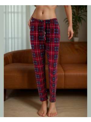 Intive Lingerie Lindros Kırmızı Siyah Ekose Desen Geniş Beden Seçenekli Kadife Pamuk Pijama Altı (S-4xl)